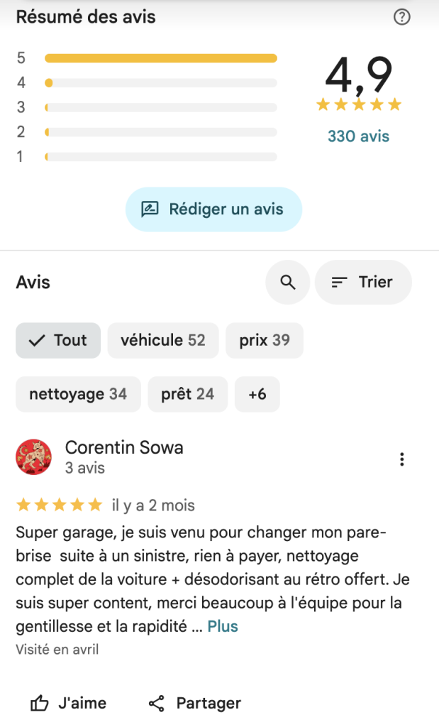 Avis Google Euro Pare-Brise + Thionville, note 4,9 étoiles sur 330 avis