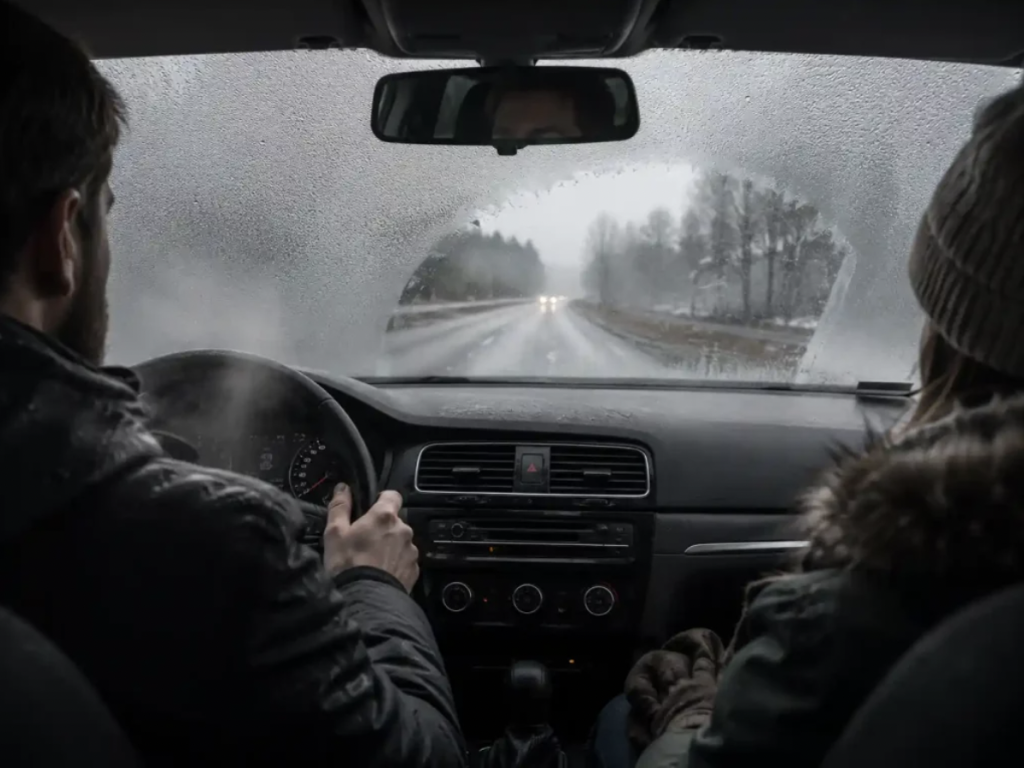 Pare-brise de voiture couvert de buée vu de l'intérieur de l'habitacle