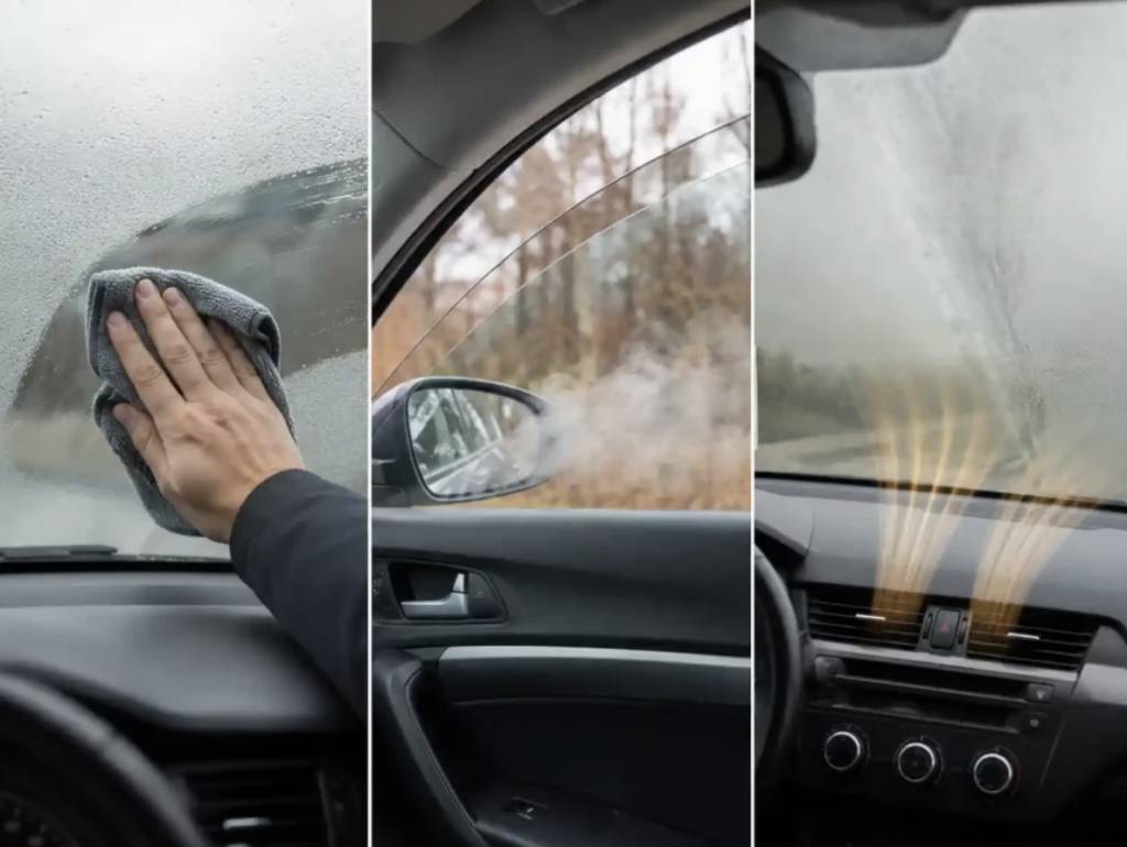 Microfibre et spray anti-buée utilisés pour désembuer un pare-brise sans climatisation